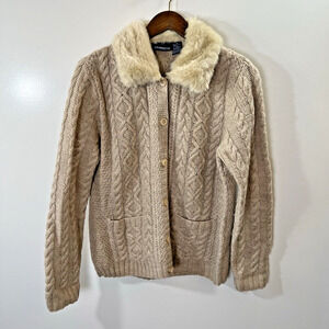 Women's Wool‎ Cable Knit Cardigan Fur Collar Size XL Beige Mob Wife Bold Luxury